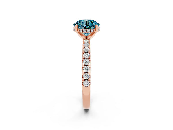 Rose gold Round Cut Blue Topaz Solitaire Ring with Round Pavé Band and Four-Prong Setting