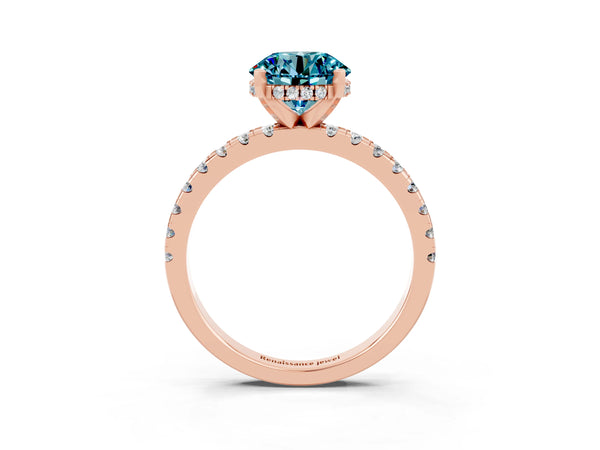 Rose gold Round Cut Blue Topaz Solitaire Ring with Round Pavé Band and Four-Prong Setting