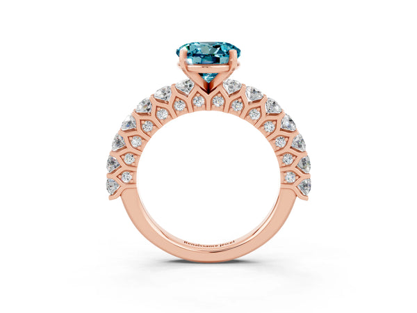 Rose gold Round Cut Blue Topaz Solitaire Ring with Shared Prong Pavé Band and Four-Prong Setting