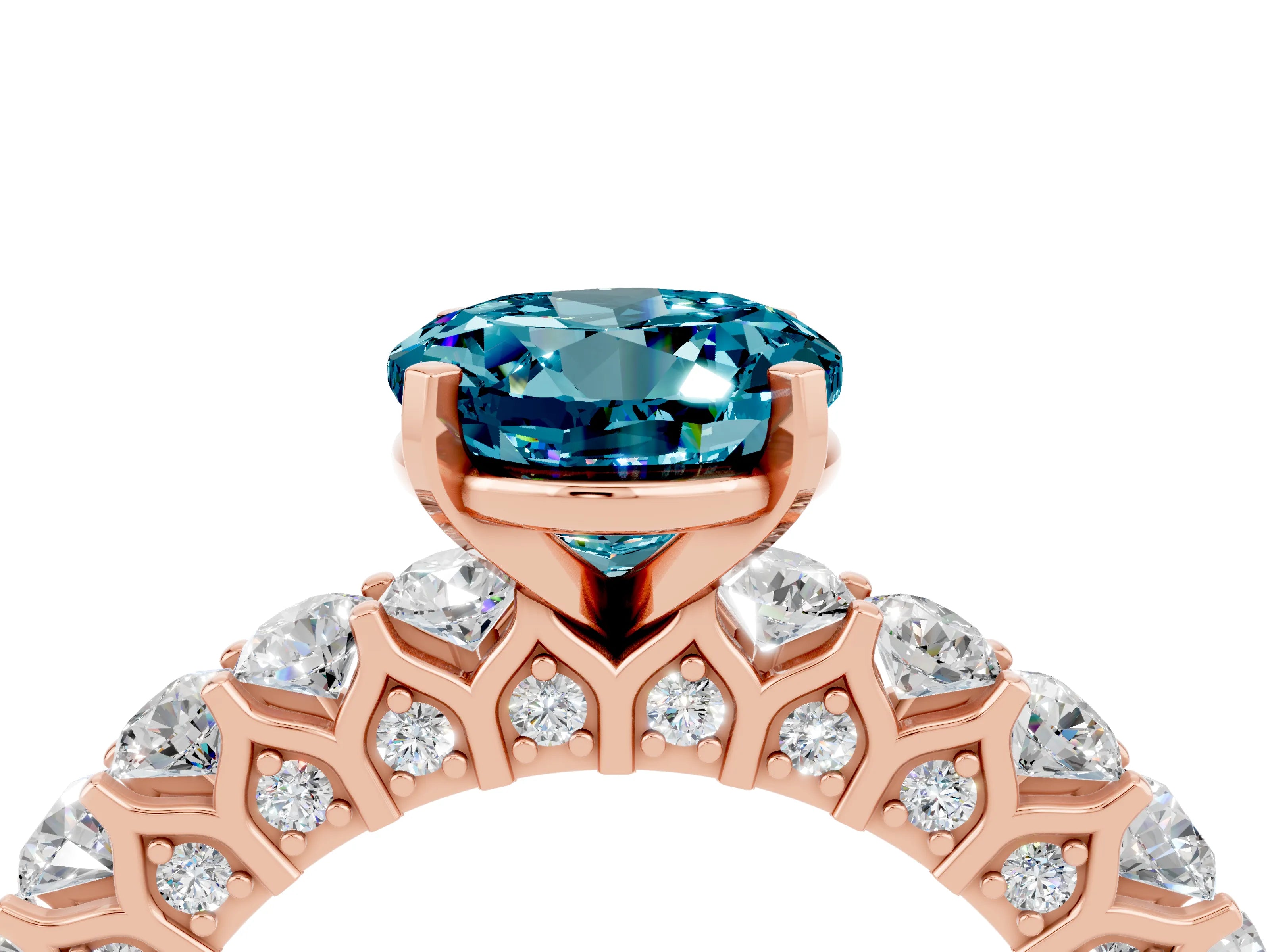 Rose gold Round Cut Blue Topaz Solitaire Ring with Shared Prong Pavé Band and Four-Prong Setting_4