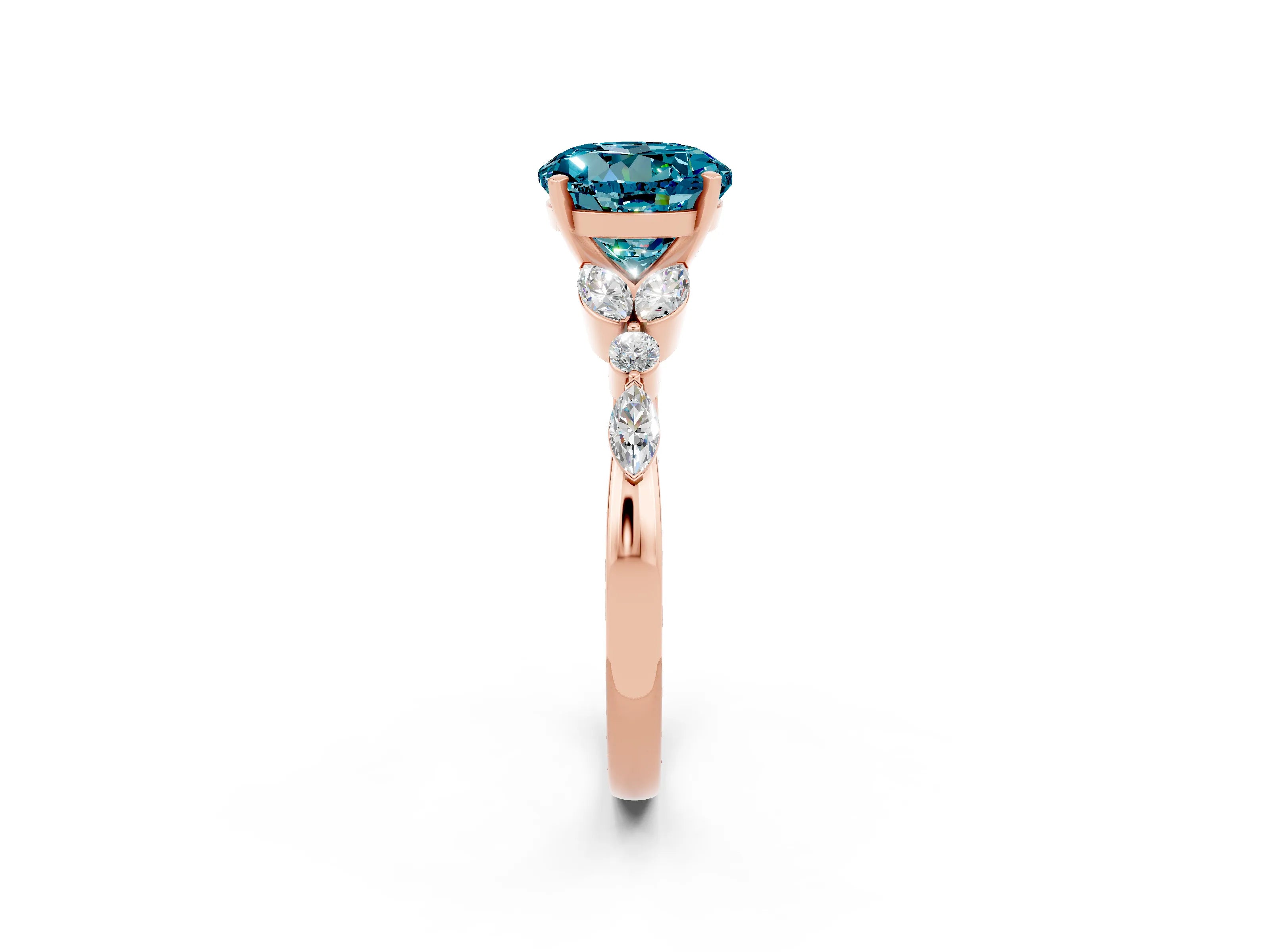 Rose gold Round Cut Blue Topaz Solitaire Ring with Side Stones and Four-Prong Setting_14