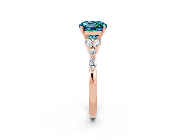 Rose gold Round Cut Blue Topaz Solitaire Ring with Side Stones and Four-Prong Setting