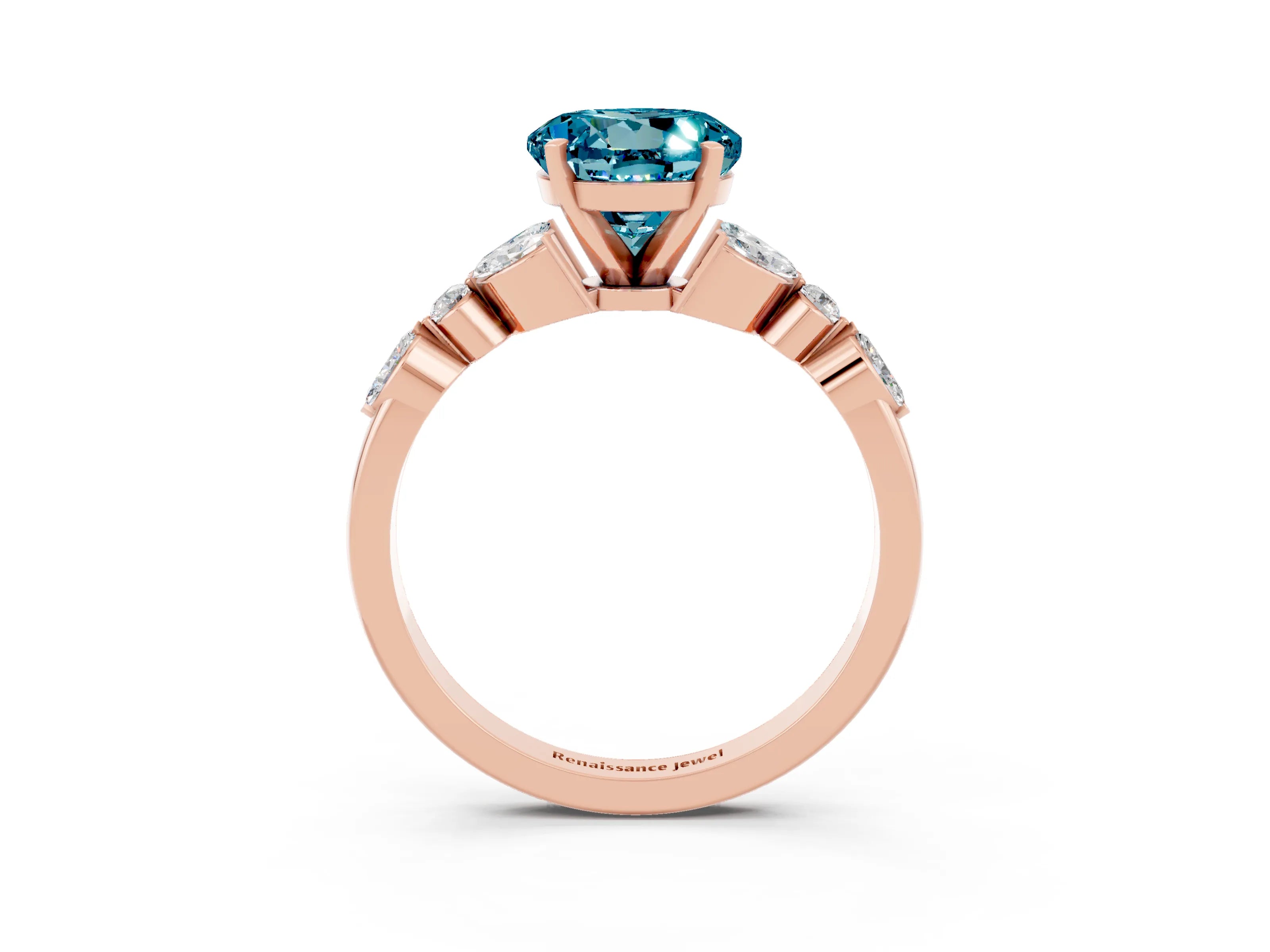Rose gold Round Cut Blue Topaz Solitaire Ring with Side Stones and Four-Prong Setting_15