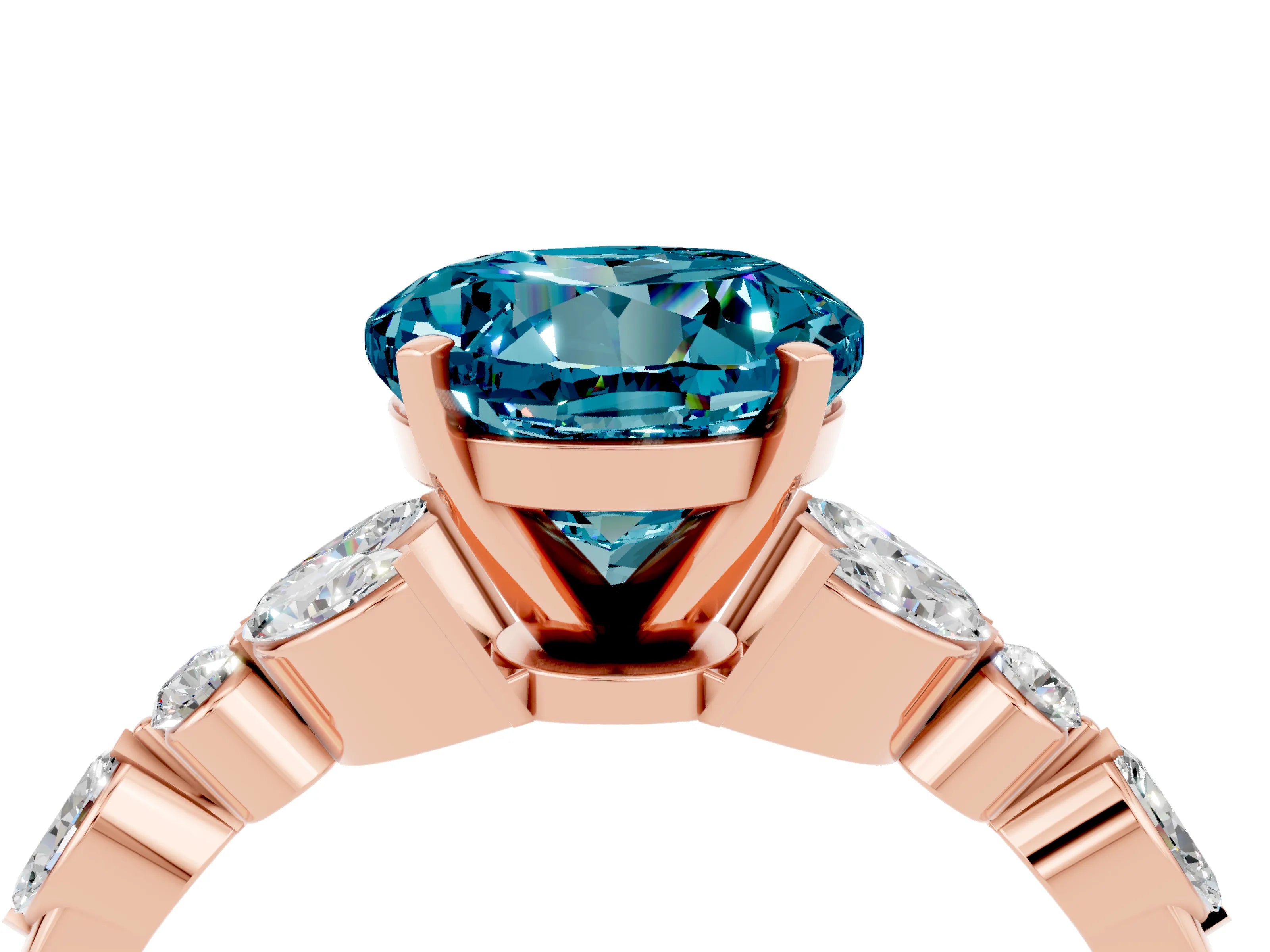 Rose gold Round Cut Blue Topaz Solitaire Ring with Side Stones and Four-Prong Setting_16