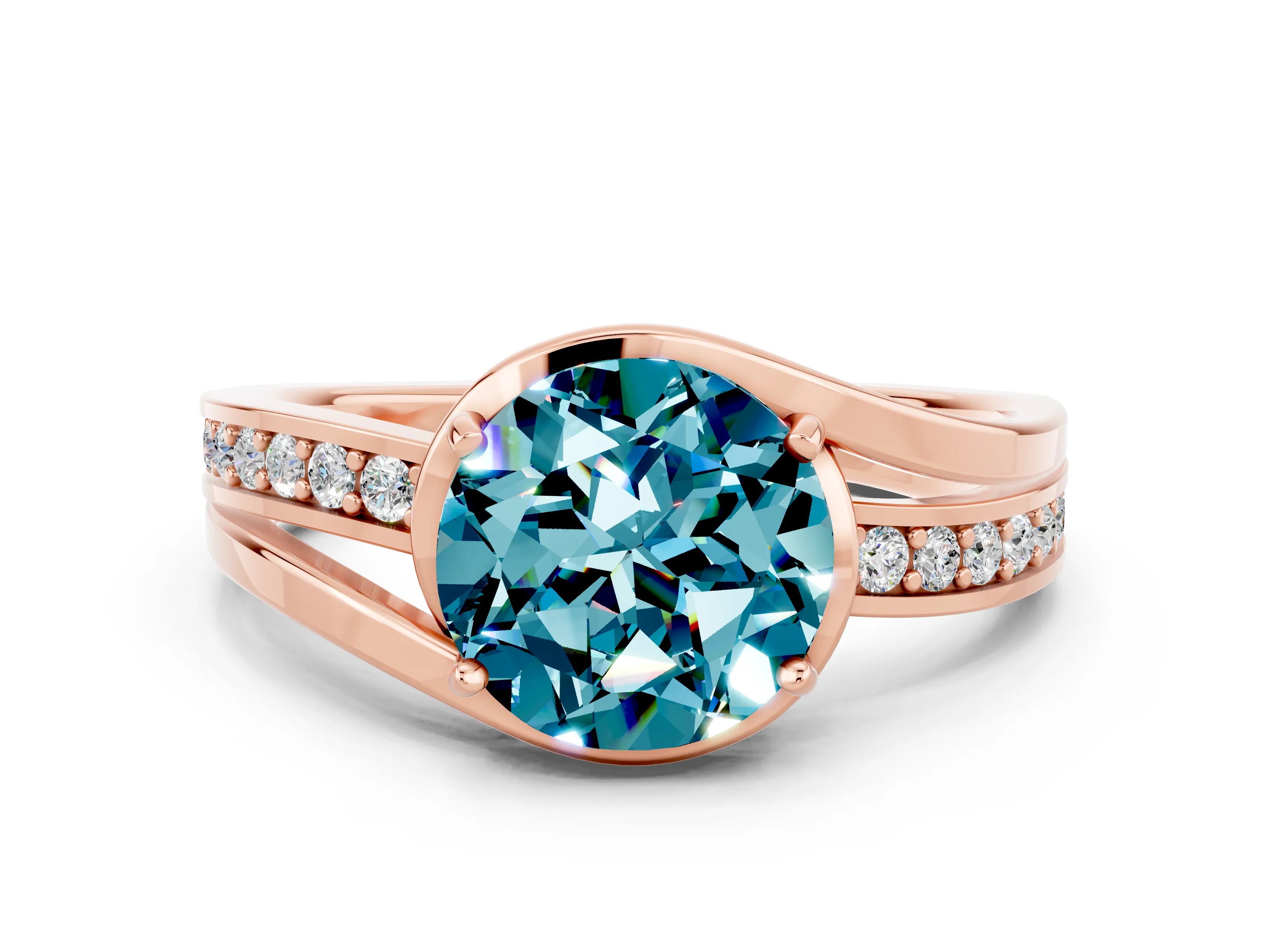 Rose gold Round Cut Blue Topaz Solitaire Ring with Split Shank and Prong Setting