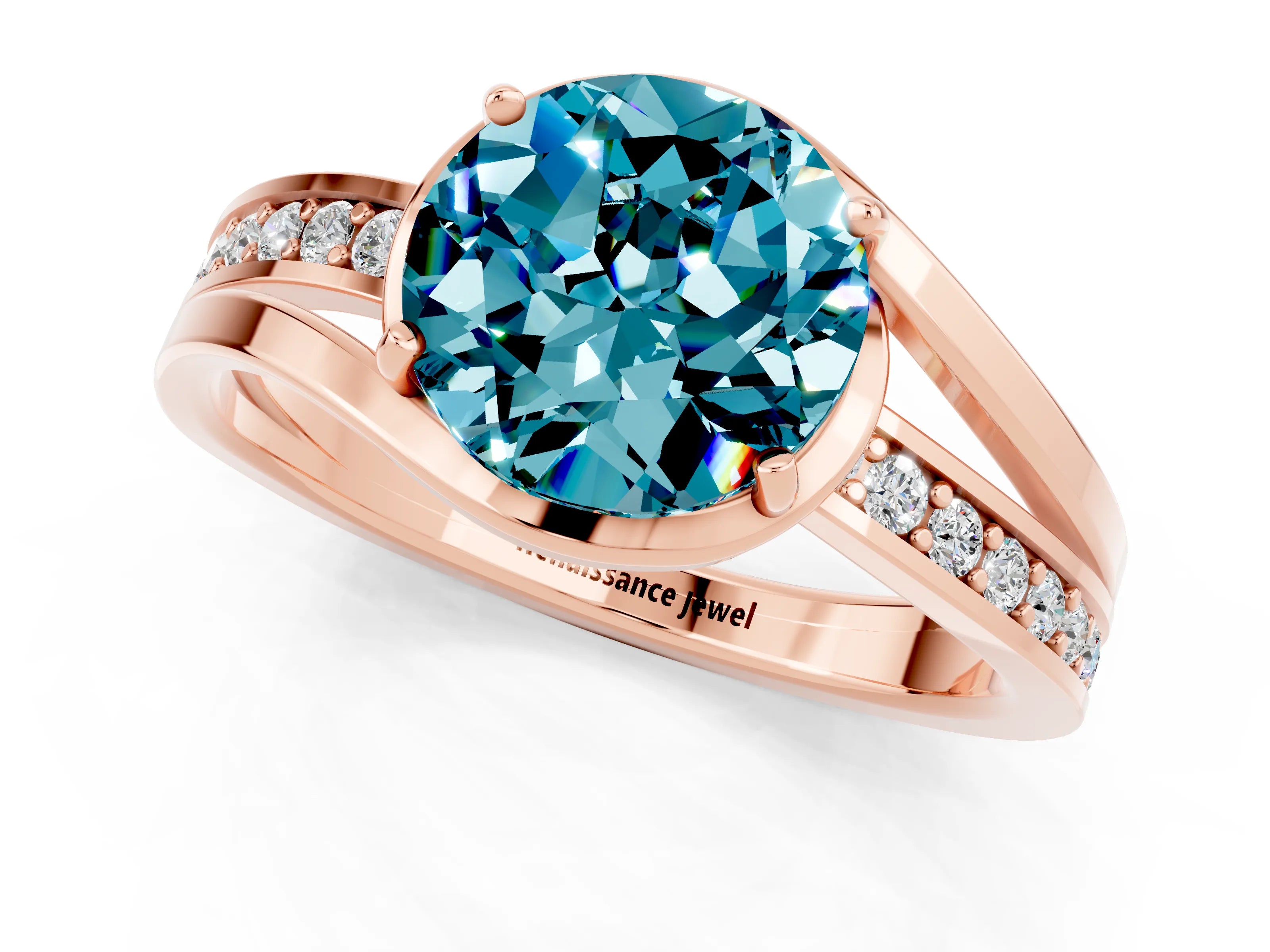 Rose gold Round Cut Blue Topaz Solitaire Ring with Split Shank and Prong Setting_1
