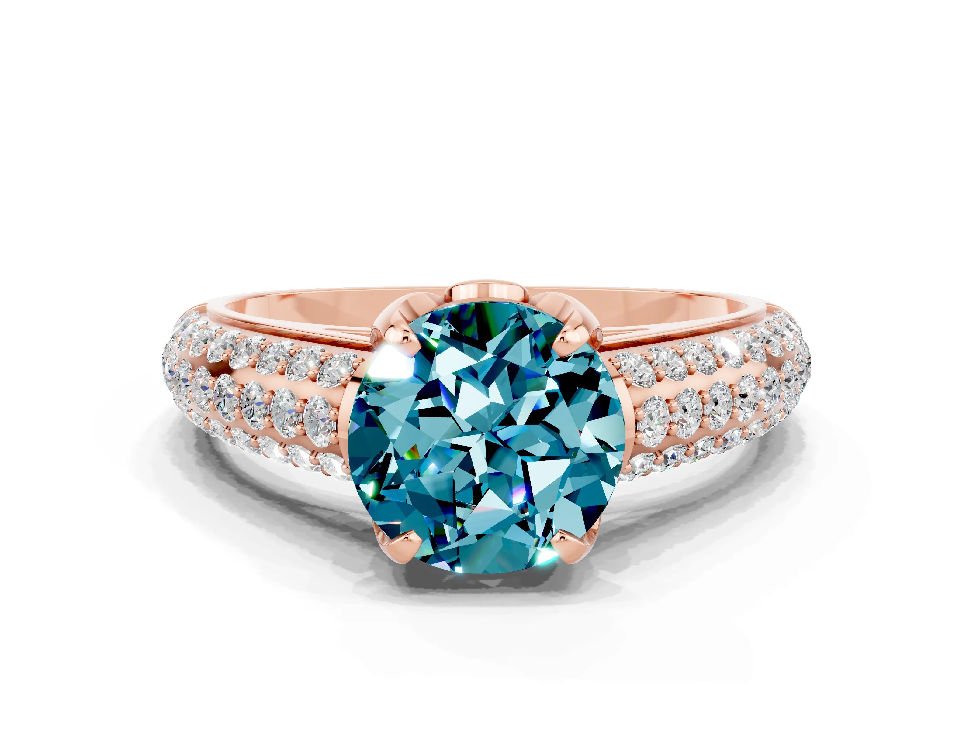 Rose gold Round Cut Blue Topaz Solitaire Ring with Three-Row Pavé Band and Four-Prong Setting_12