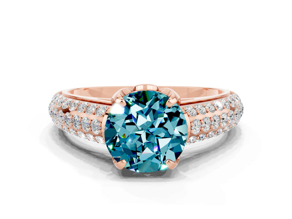 Rose gold Round Cut Blue Topaz Solitaire Ring with Three-Row Pavé Band and Four-Prong Setting