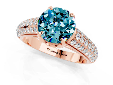Rose gold Round Cut Blue Topaz Solitaire Ring with Three-Row Pavé Band and Four-Prong Setting_13