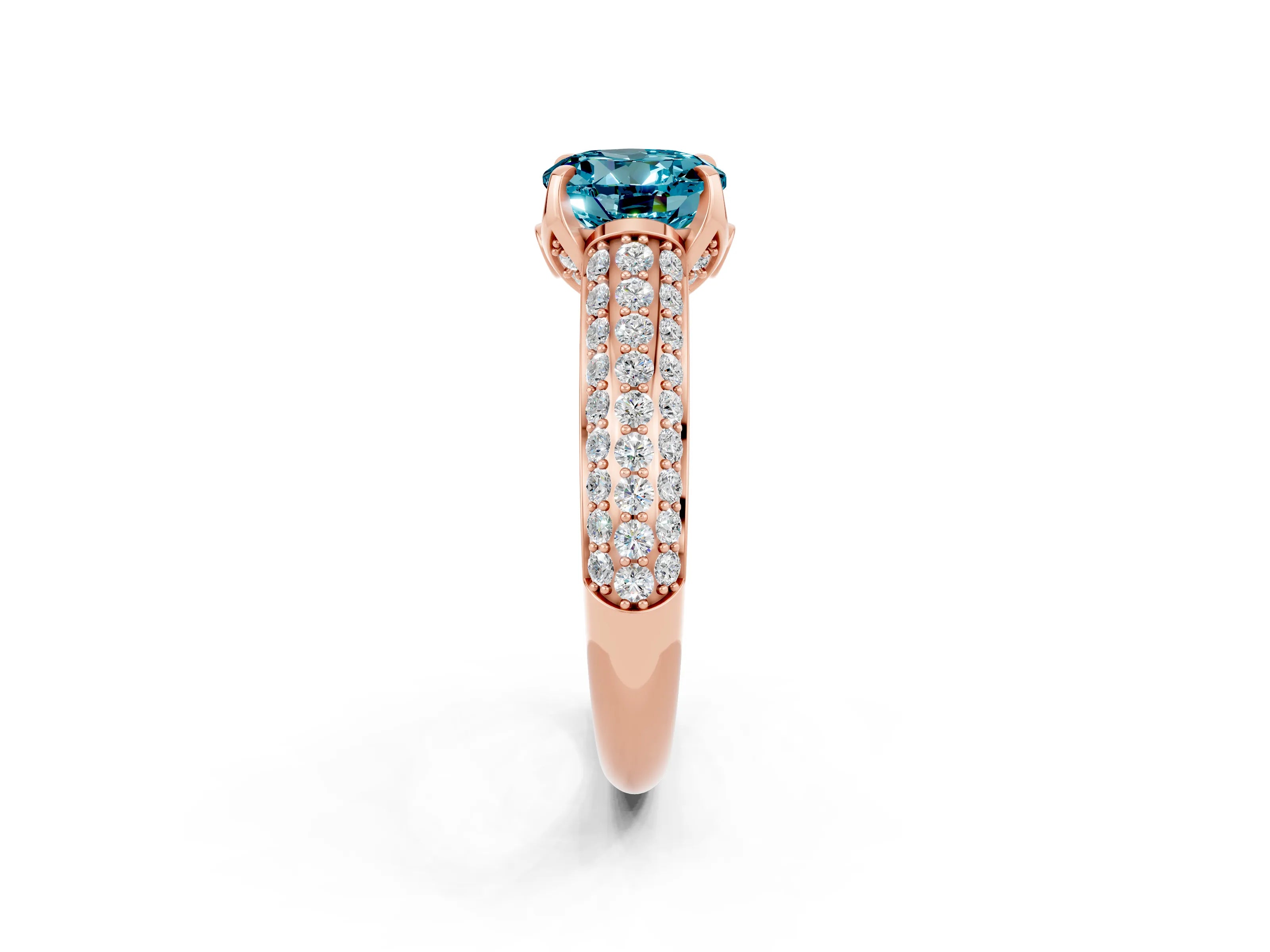 Rose gold Round Cut Blue Topaz Solitaire Ring with Three-Row Pavé Band and Four-Prong Setting_14