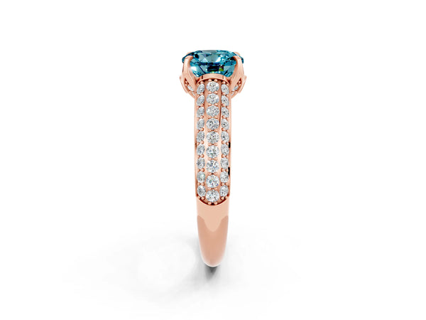 Rose gold Round Cut Blue Topaz Solitaire Ring with Three-Row Pavé Band and Four-Prong Setting