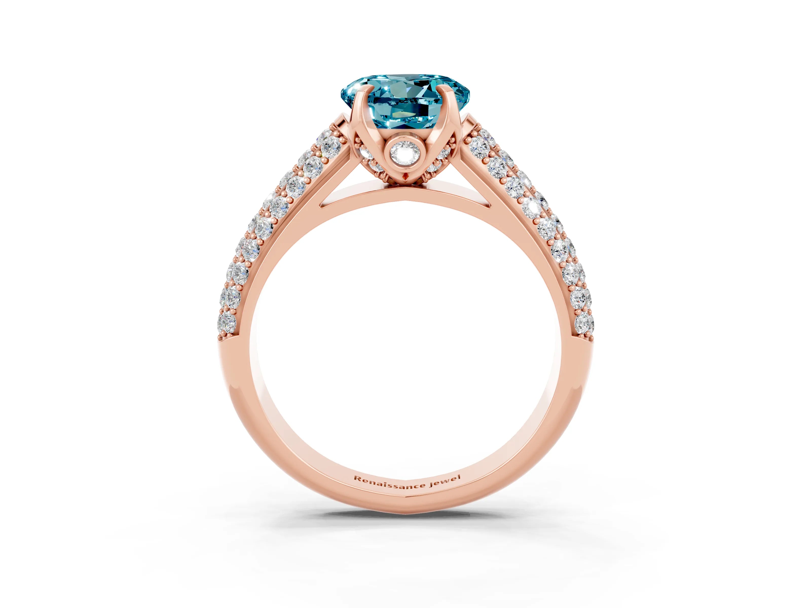 Rose gold Round Cut Blue Topaz Solitaire Ring with Three-Row Pavé Band and Four-Prong Setting_15