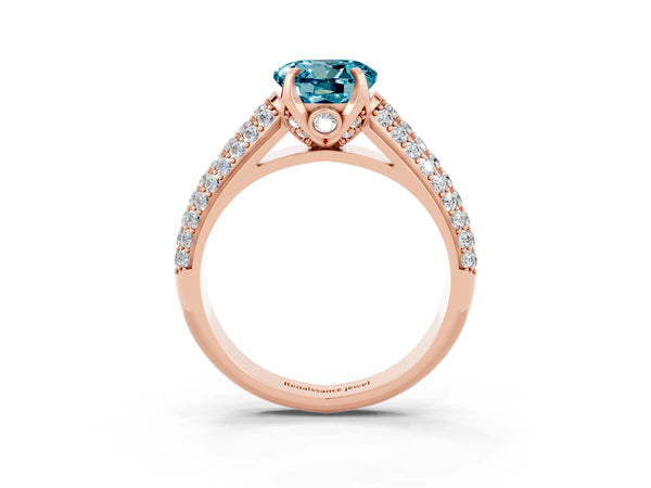 Rose gold Round Cut Blue Topaz Solitaire Ring with Three-Row Pavé Band and Four-Prong Setting