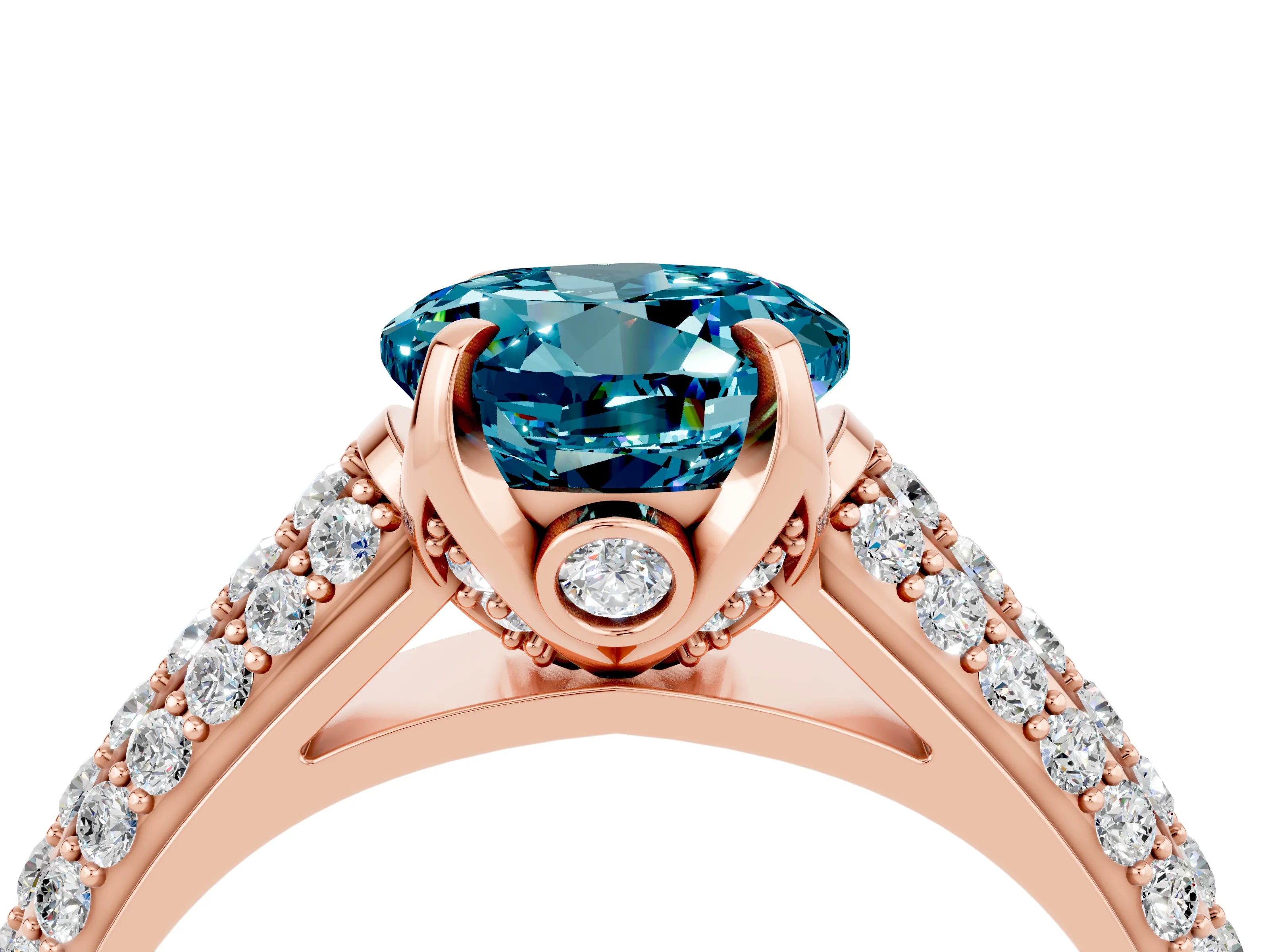 Rose gold Round Cut Blue Topaz Solitaire Ring with Three-Row Pavé Band and Four-Prong Setting_16