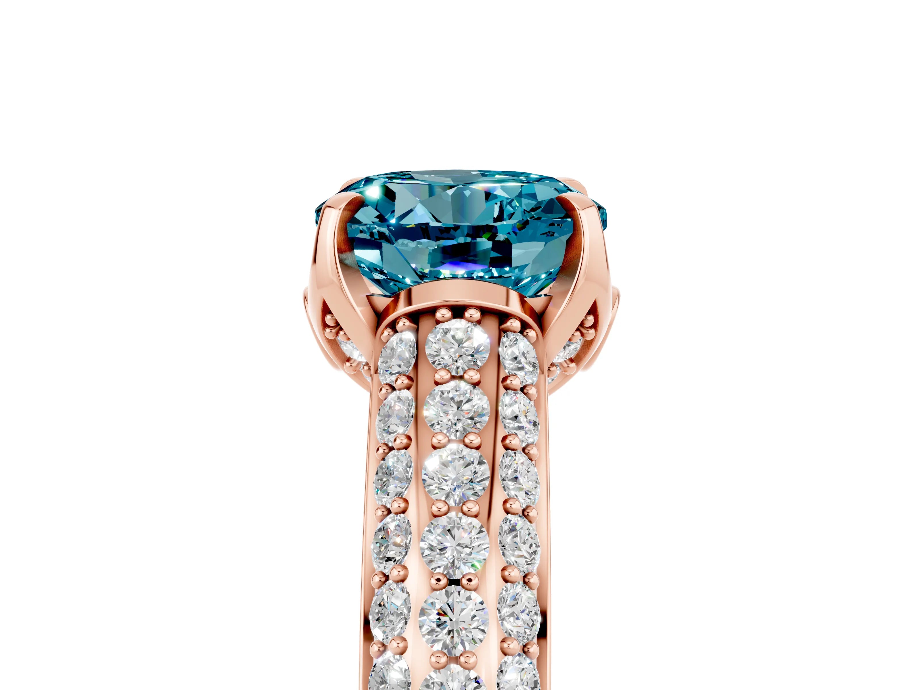 Rose gold Round Cut Blue Topaz Solitaire Ring with Three-Row Pavé Band and Four-Prong Setting_17
