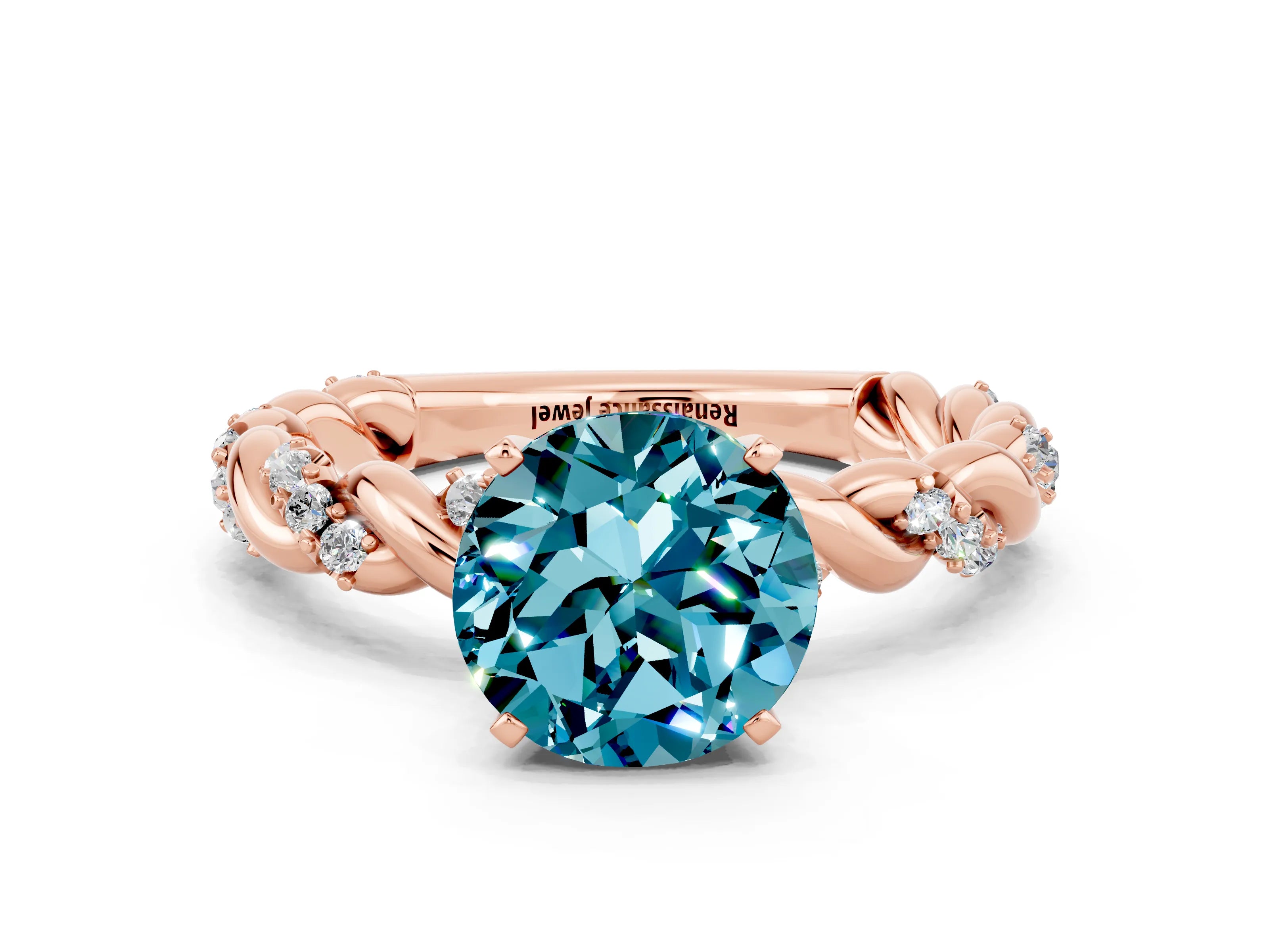 Rose gold Round Cut Blue Topaz Solitaire Ring with Twisted Band and Pavé Accents