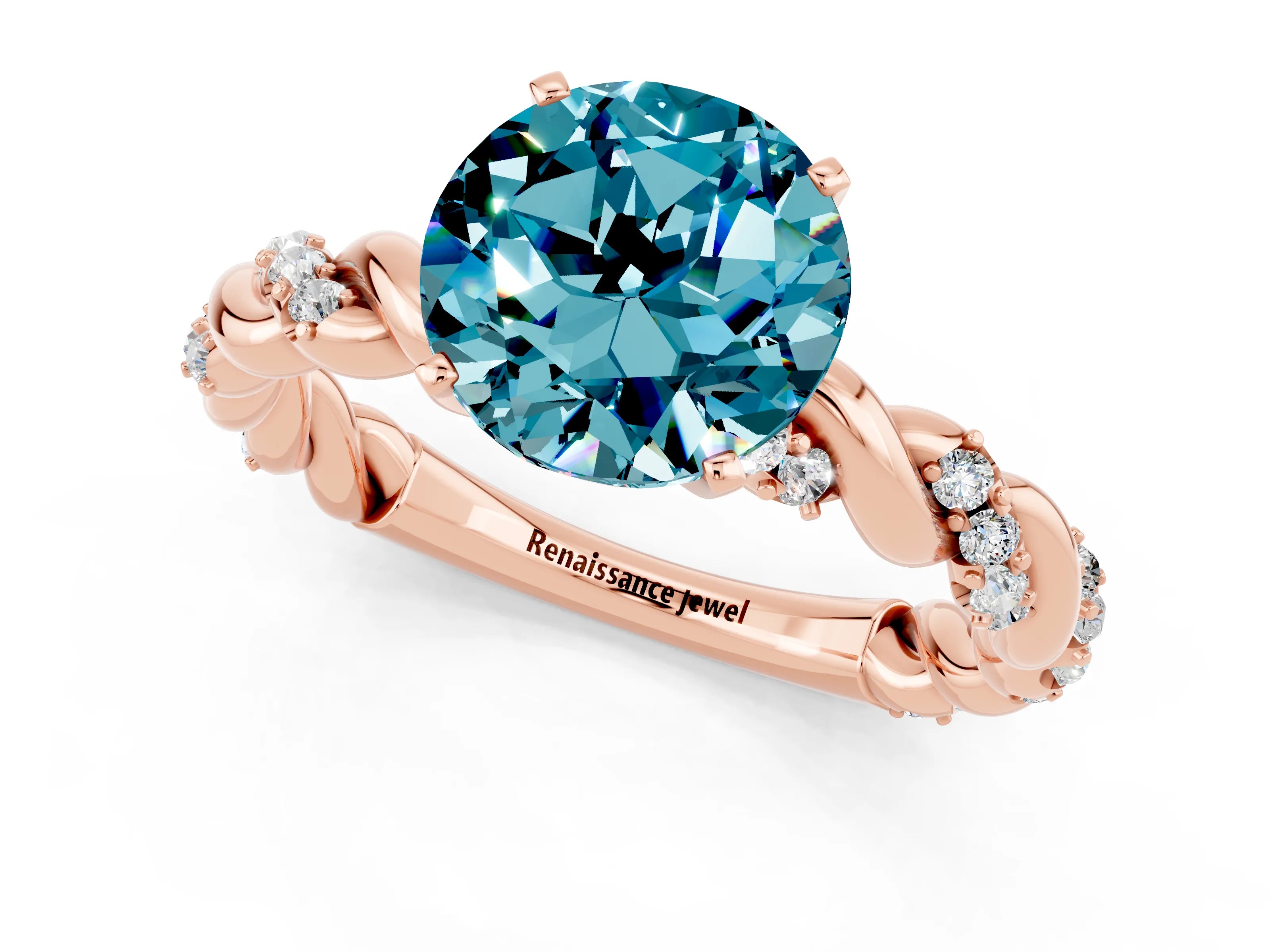 Rose gold Round Cut Blue Topaz Solitaire Ring with Twisted Band and Pavé Accents_1