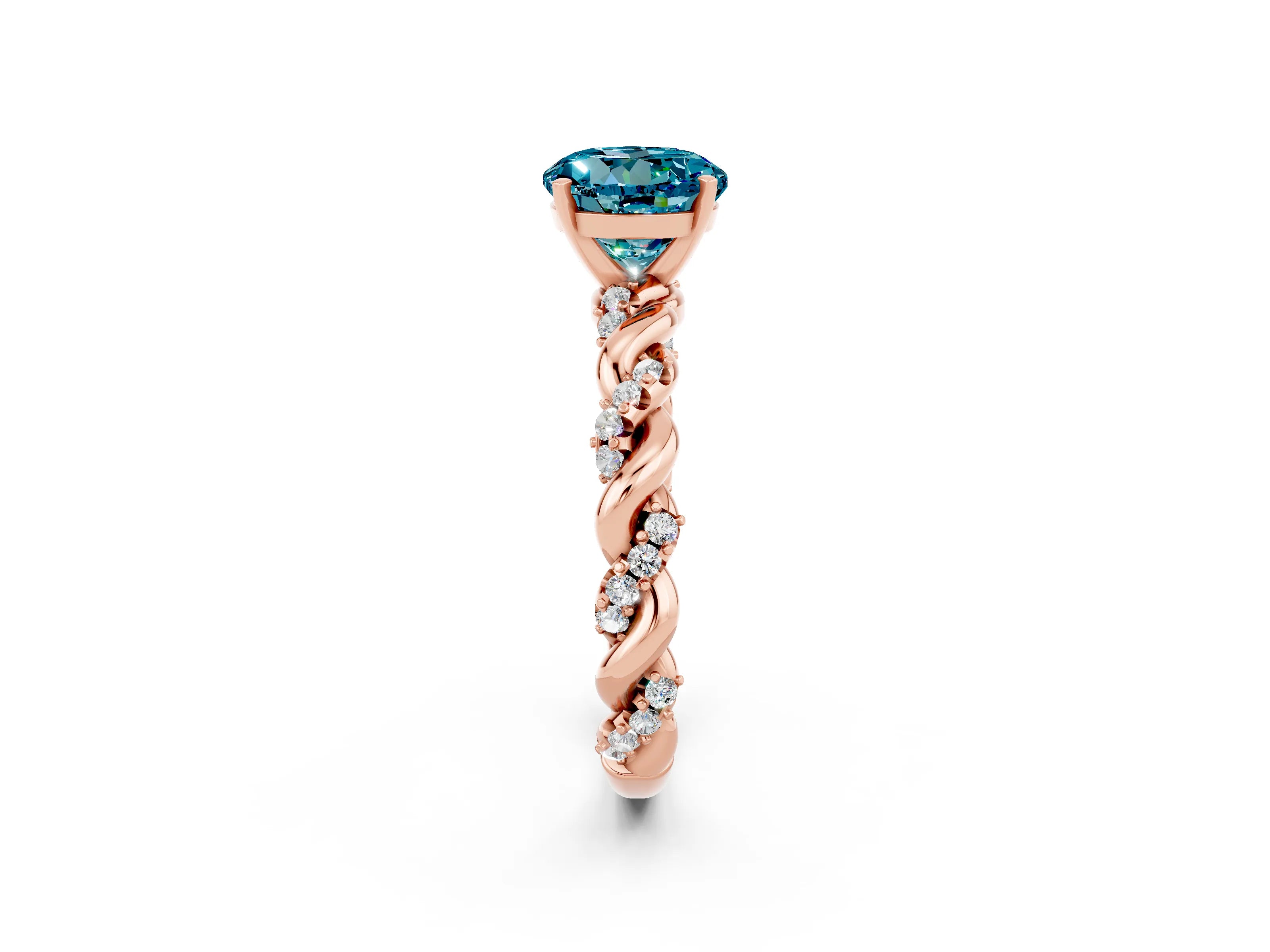 Rose gold Round Cut Blue Topaz Solitaire Ring with Twisted Band and Pavé Accents_2