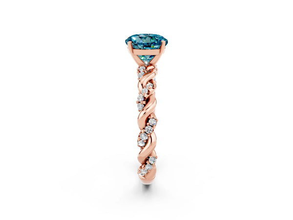 Rose gold Round Cut Blue Topaz Solitaire Ring with Twisted Band and Pavé Accents
