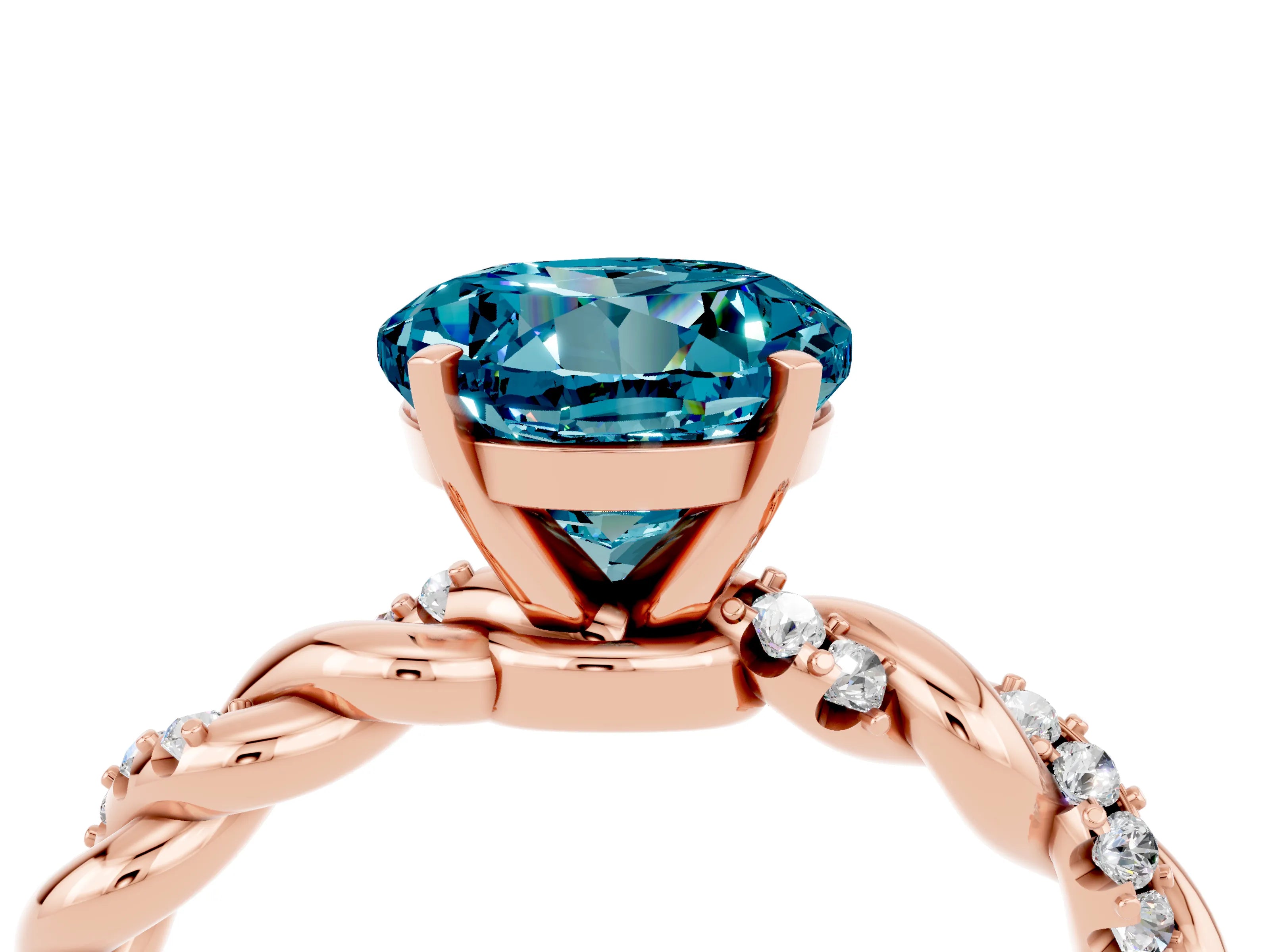 Rose gold Round Cut Blue Topaz Solitaire Ring with Twisted Band and Pavé Accents_4