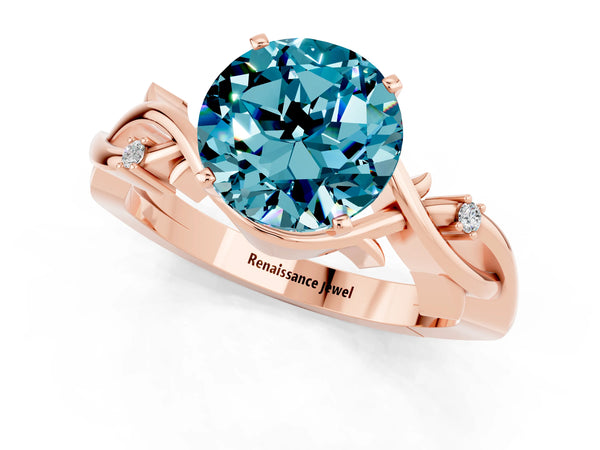 Rose gold Round Cut Blue Topaz Solitaire Ring with Twisted Band and Prong Setting