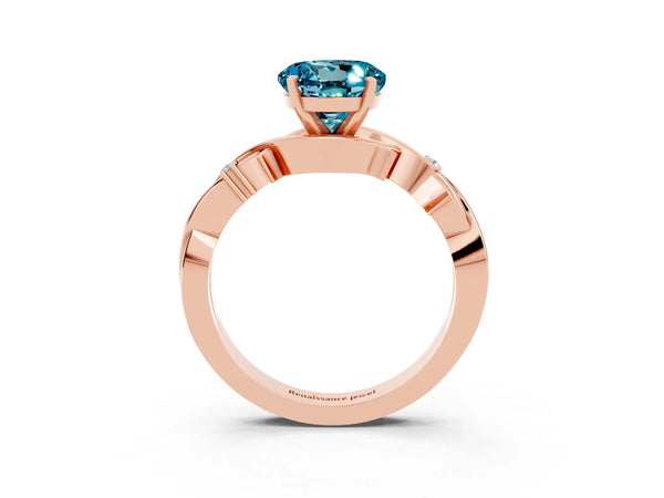 Rose gold Round Cut Blue Topaz Solitaire Ring with Twisted Band and Prong Setting