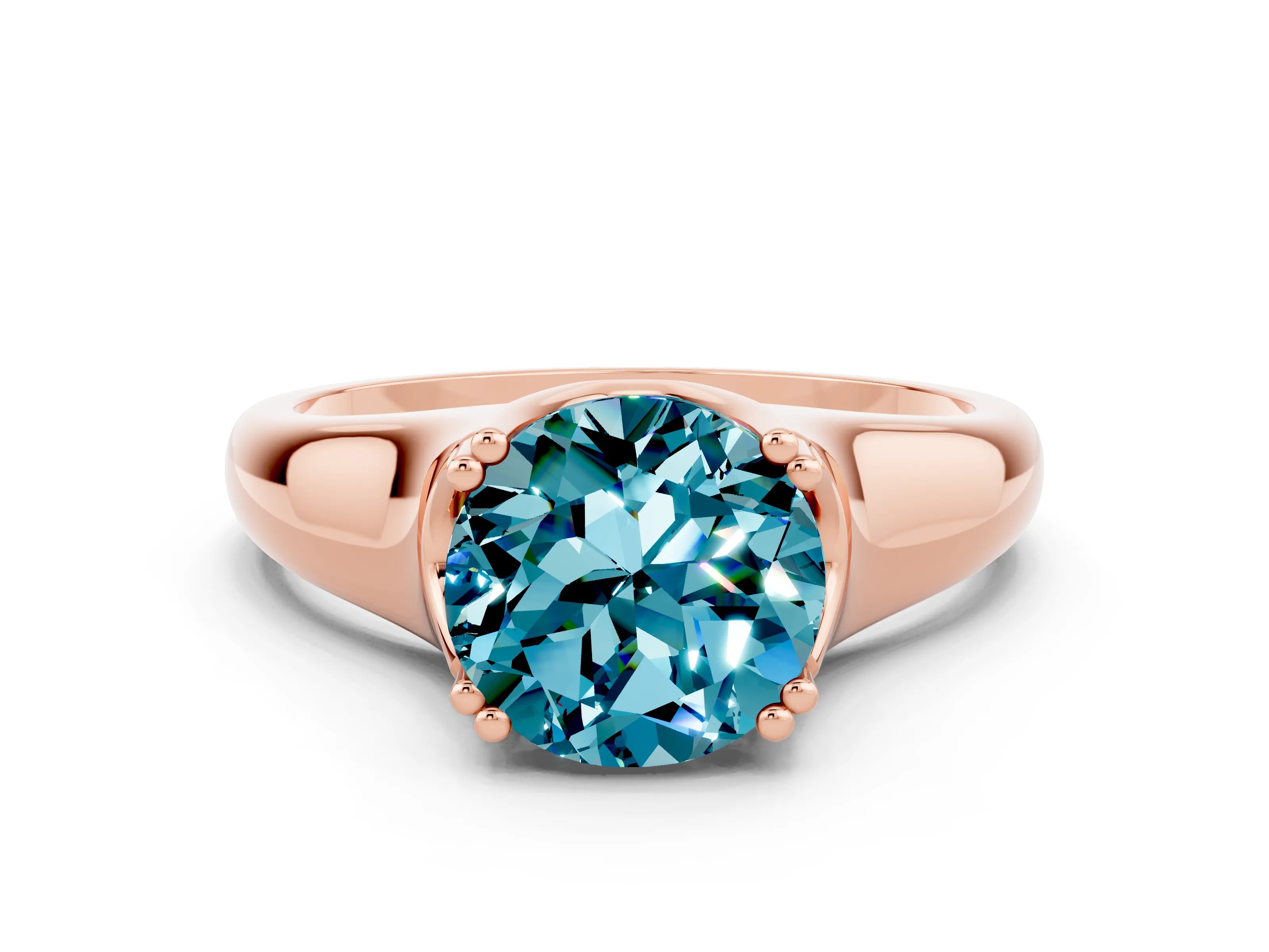 Rose gold Round Cut Blue Topaz Solitaire Ring with Wide Band and Prong Setting