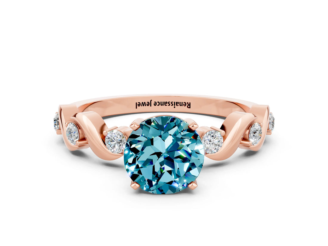Rose gold Round Cut Blue Topaz Solitaire Twisted Band with Round  Accents and Prong Setting_12