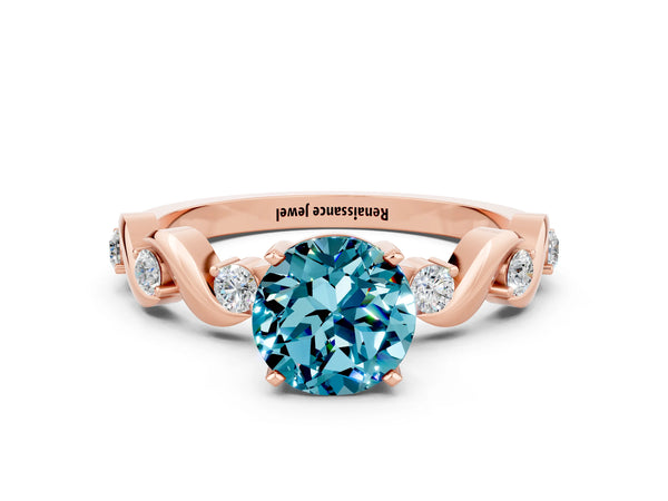 Rose gold Round Cut Blue Topaz Solitaire Twisted Band with Round  Accents and Prong Setting