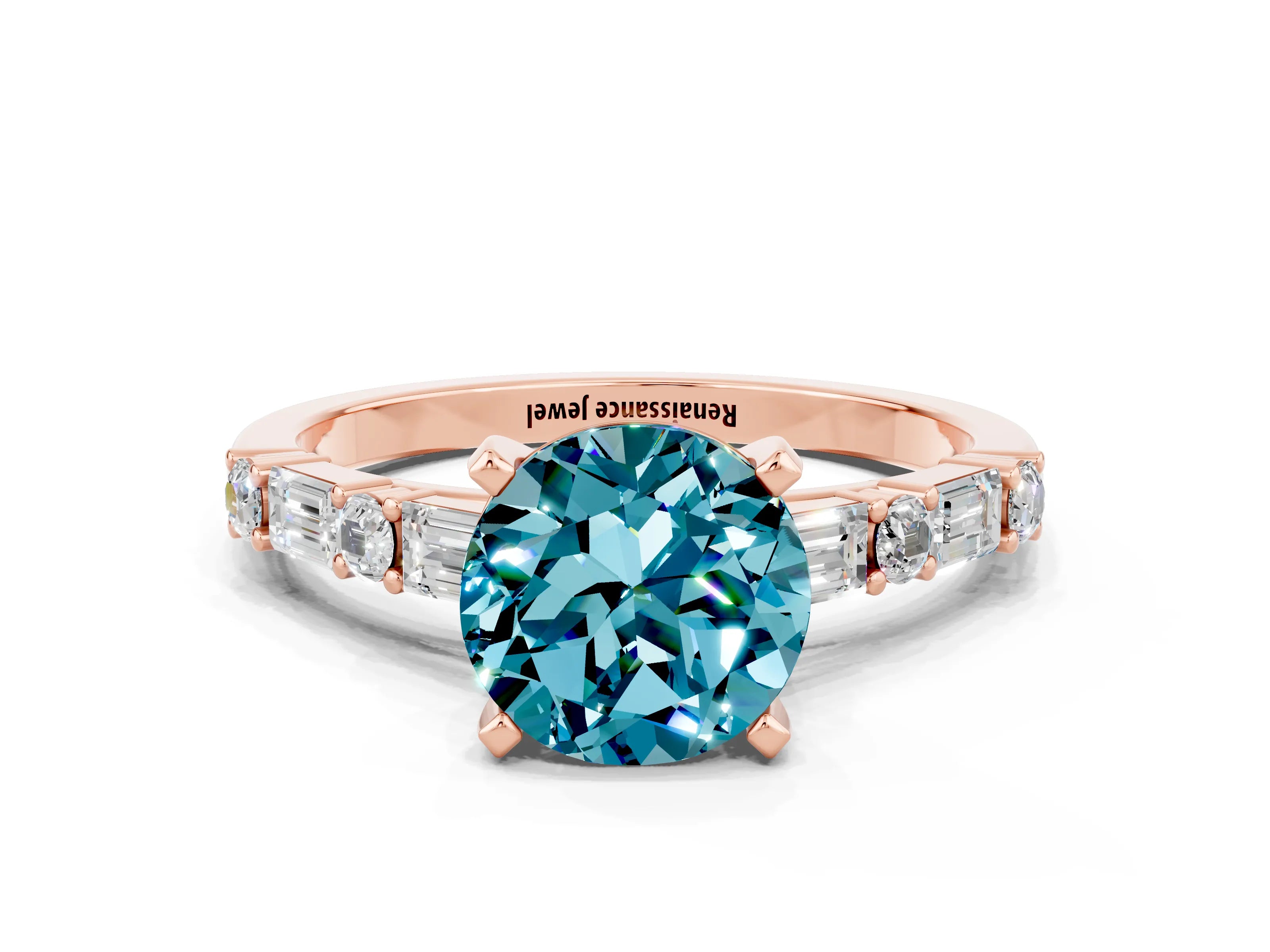 Rose gold Round Cut Blue Topaz Solitaire with Side Baguettes and Channel Set Band
