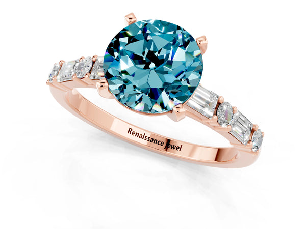 Rose gold Round Cut Blue Topaz Solitaire with Side Baguettes and Channel Set Band
