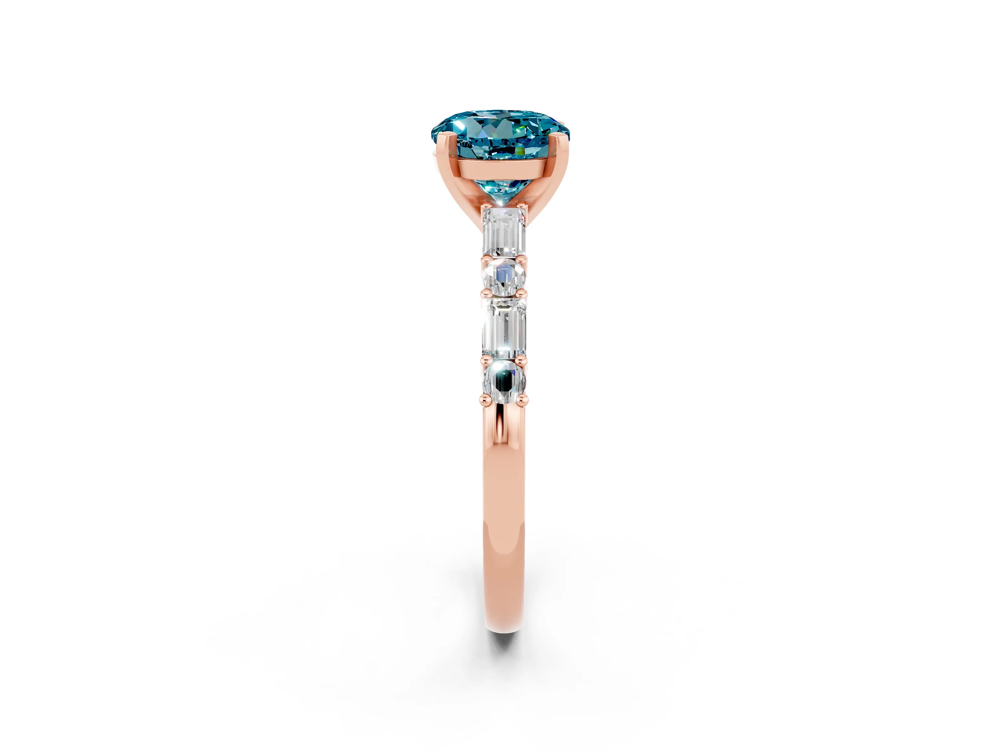 Rose gold Round Cut Blue Topaz Solitaire with Side Baguettes and Channel Set Band_2