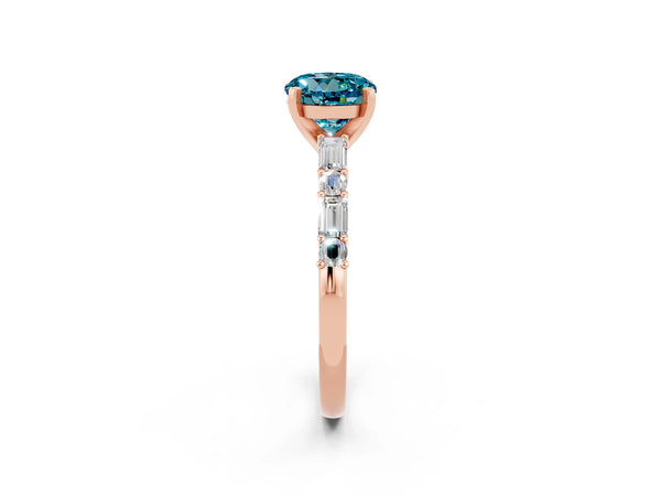 Rose gold Round Cut Blue Topaz Solitaire with Side Baguettes and Channel Set Band