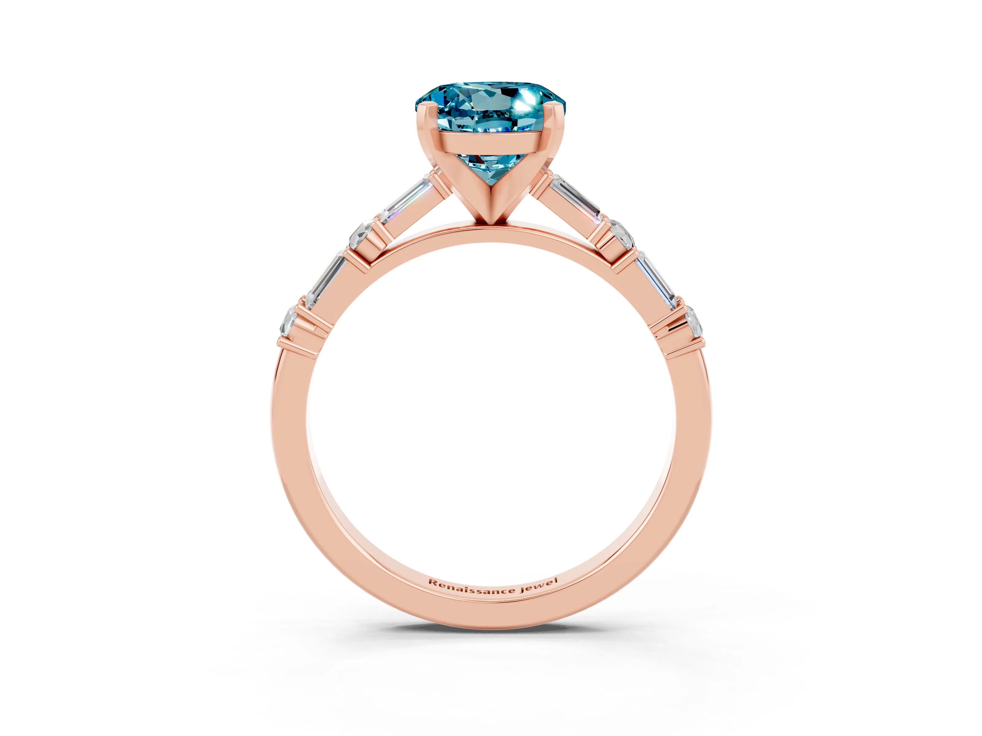 Rose gold Round Cut Blue Topaz Solitaire with Side Baguettes and Channel Set Band_3