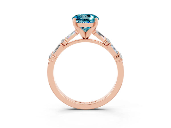 Rose gold Round Cut Blue Topaz Solitaire with Side Baguettes and Channel Set Band