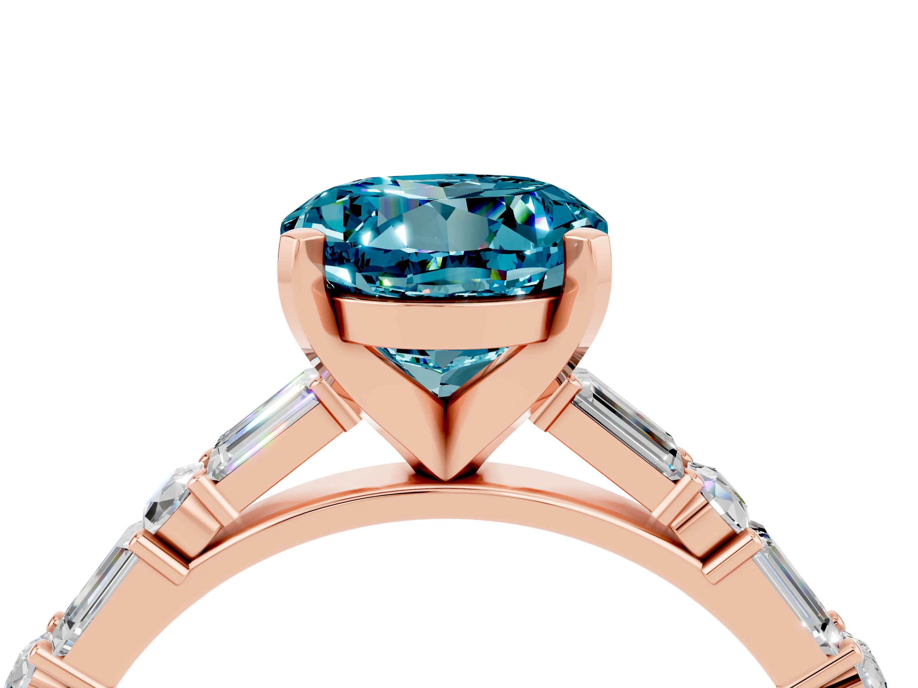 Rose gold Round Cut Blue Topaz Solitaire with Side Baguettes and Channel Set Band_4