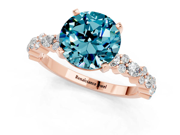 Rose gold Round Cut Blue Topaz Side Stone Solitaire Ring with Round  and Four-Prong Setting