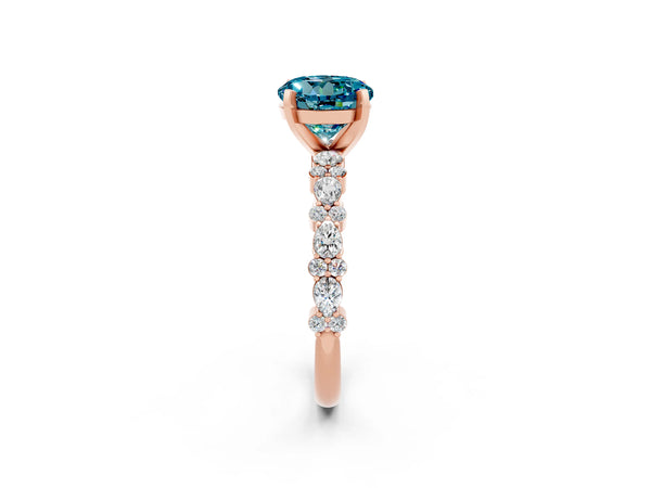 Rose gold Round Cut Blue Topaz Side Stone Solitaire Ring with Round  and Four-Prong Setting