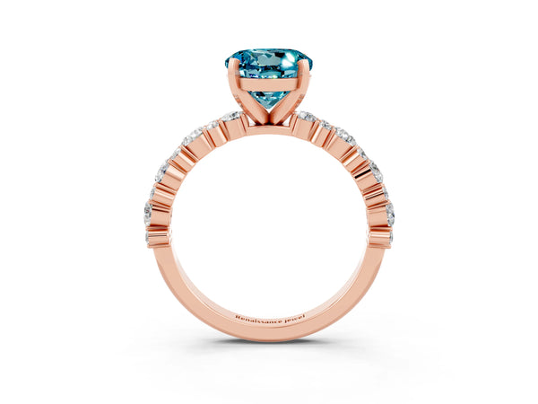 Rose gold Round Cut Blue Topaz Side Stone Solitaire Ring with Round  and Four-Prong Setting