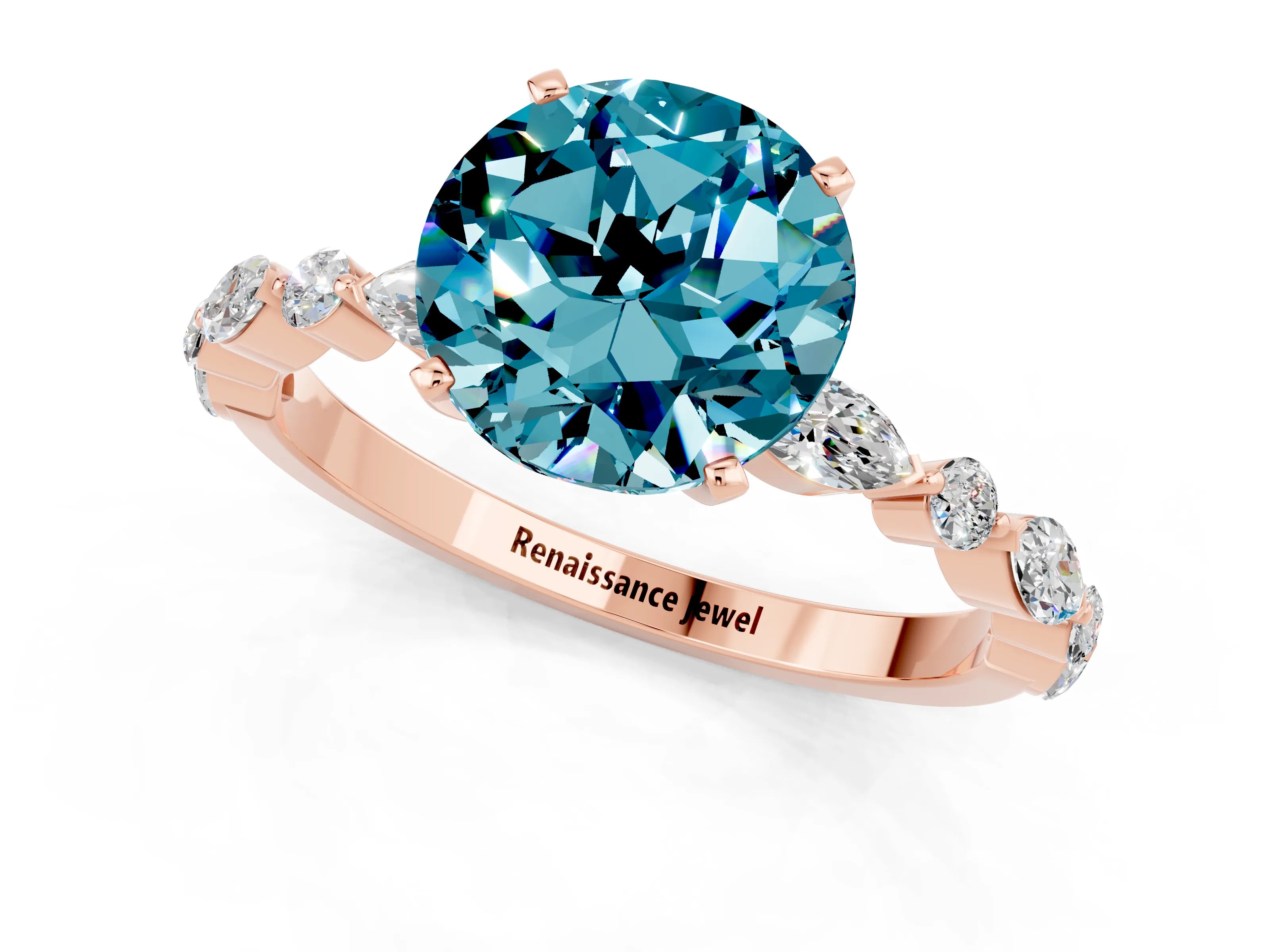 Rose gold Round Cut Blue Topaz Solitaire with Side Stones on a Pavé Band and Four-Prong Setting_13
