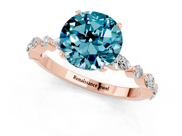 Rose gold Round Cut Blue Topaz Ring with Marquise and Round  Side Stones and Four-Prong Setting