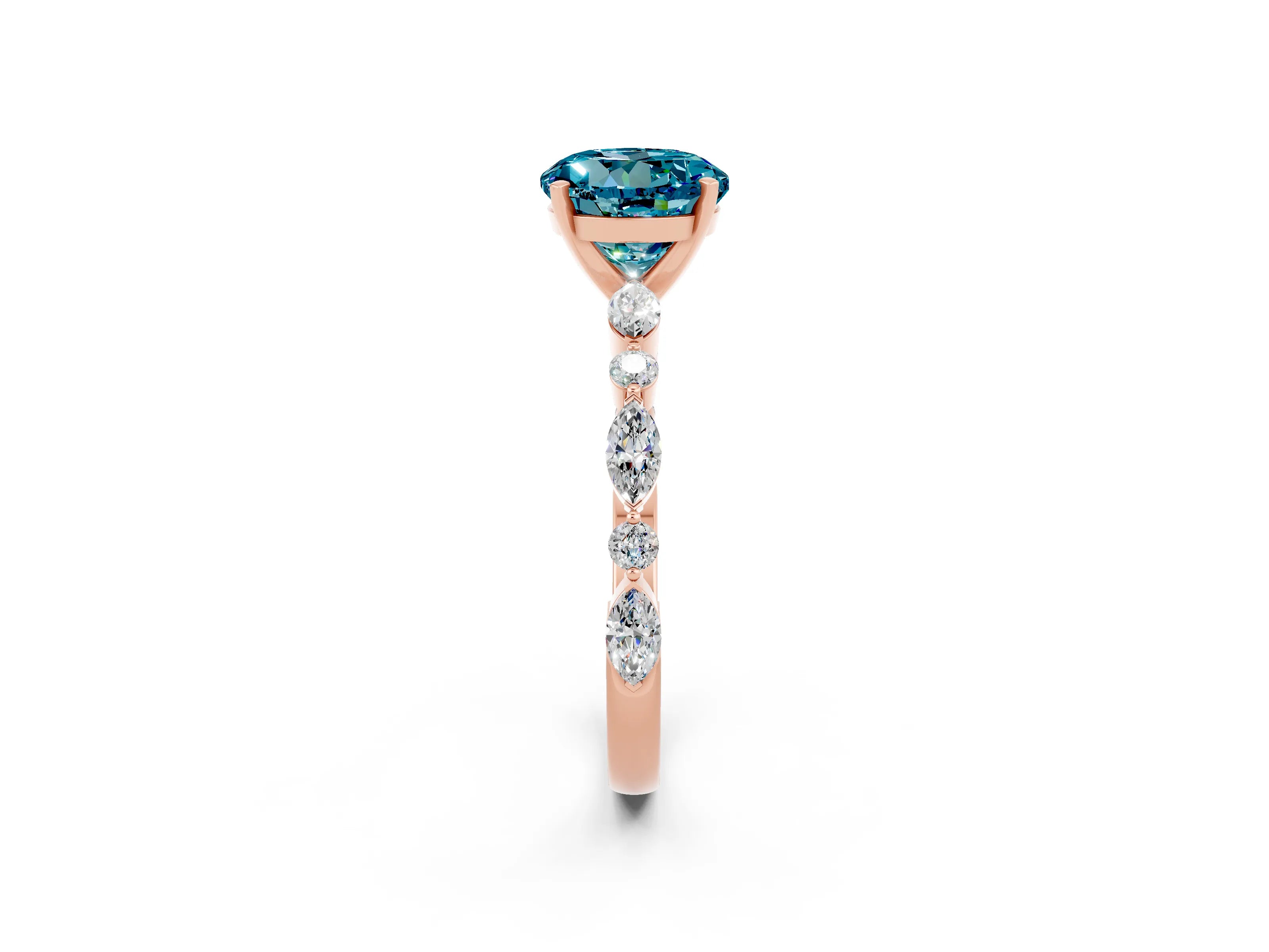 Rose gold Round Cut Blue Topaz Solitaire with Side Stones on a Pavé Band and Four-Prong Setting_14