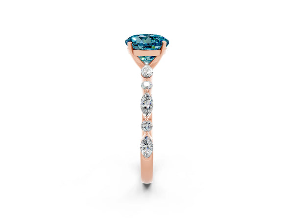 Rose gold Round Cut Blue Topaz Ring with Marquise and Round  Side Stones and Four-Prong Setting