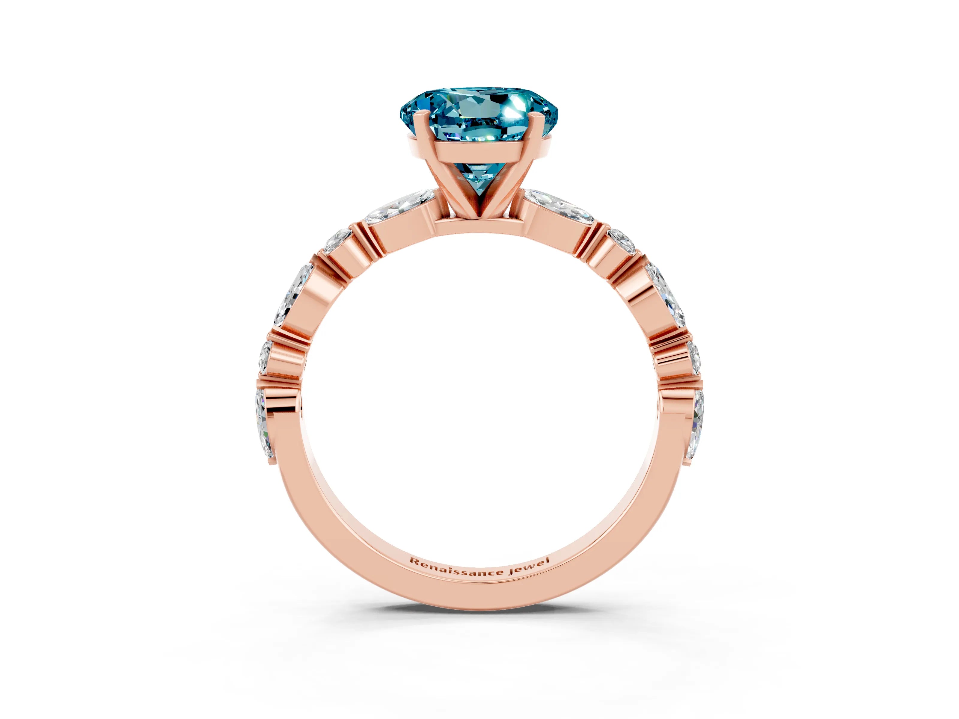 Rose gold Round Cut Blue Topaz Solitaire with Side Stones on a Pavé Band and Four-Prong Setting_15