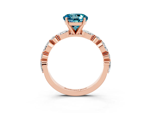 Rose gold Round Cut Blue Topaz Ring with Marquise and Round  Side Stones and Four-Prong Setting