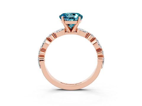 Rose gold Round Cut Blue Topaz Solitaire with Side Stones on a Pavé Band and Four-Prong Setting_15