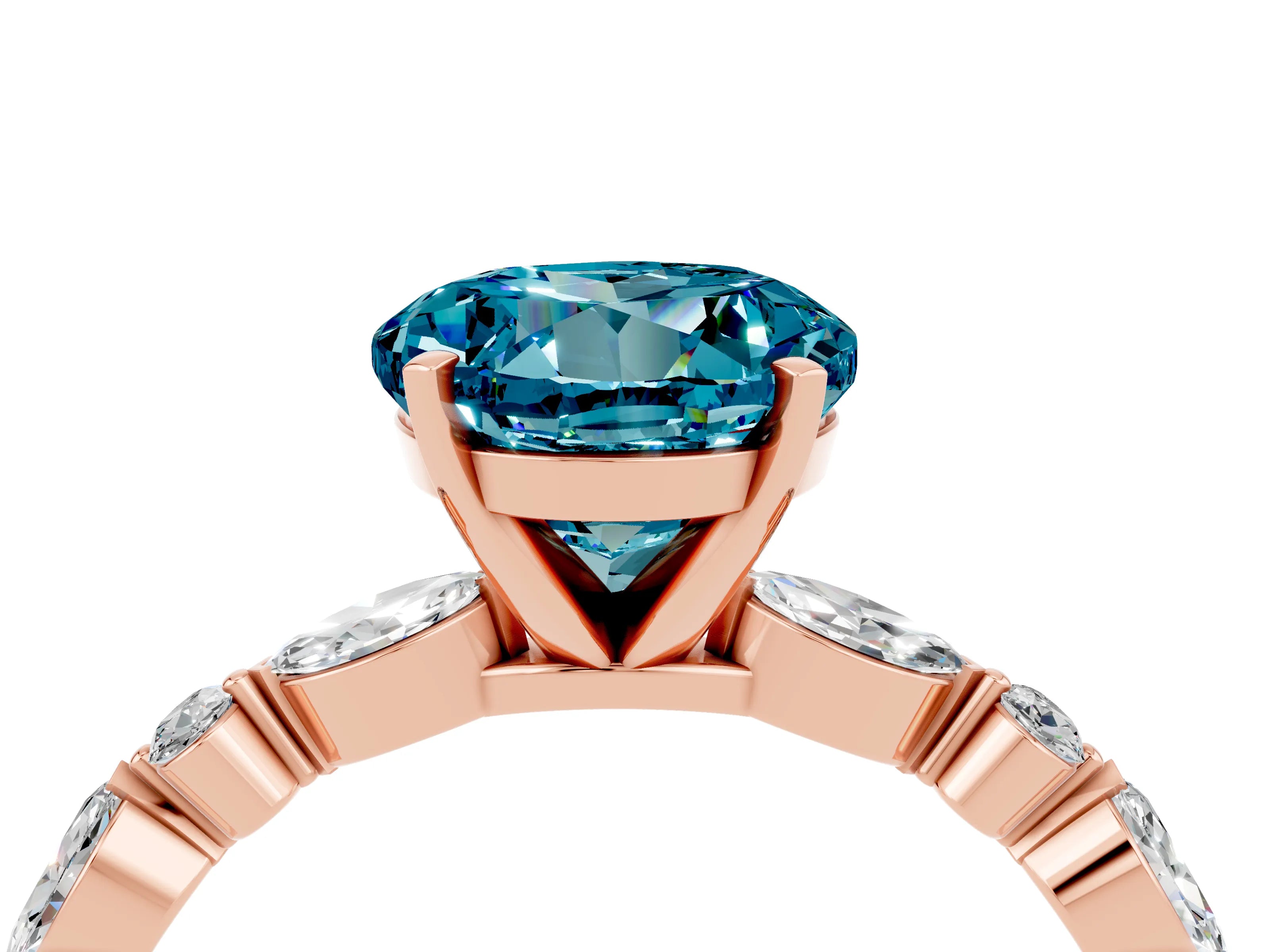 Rose gold Round Cut Blue Topaz Solitaire with Side Stones on a Pavé Band and Four-Prong Setting_16