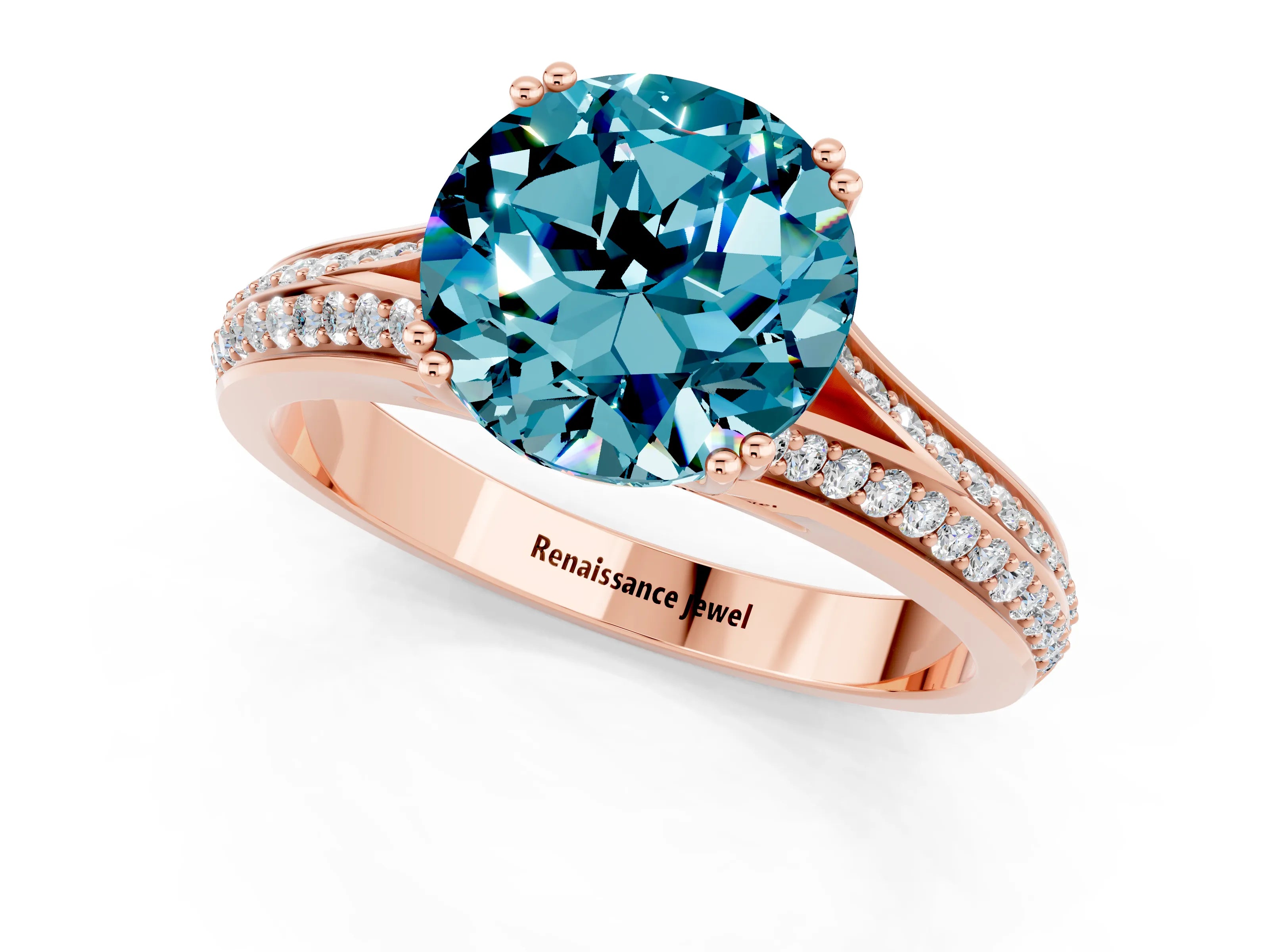Rose gold Round Cut Blue Topaz Split Shank Engagement Ring with Pavé Band_1