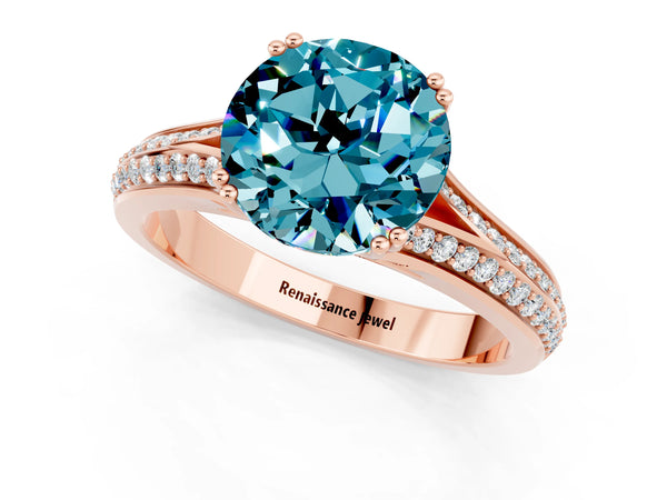 Rose gold Round Cut Blue Topaz Split Shank Engagement Ring with Pavé Band