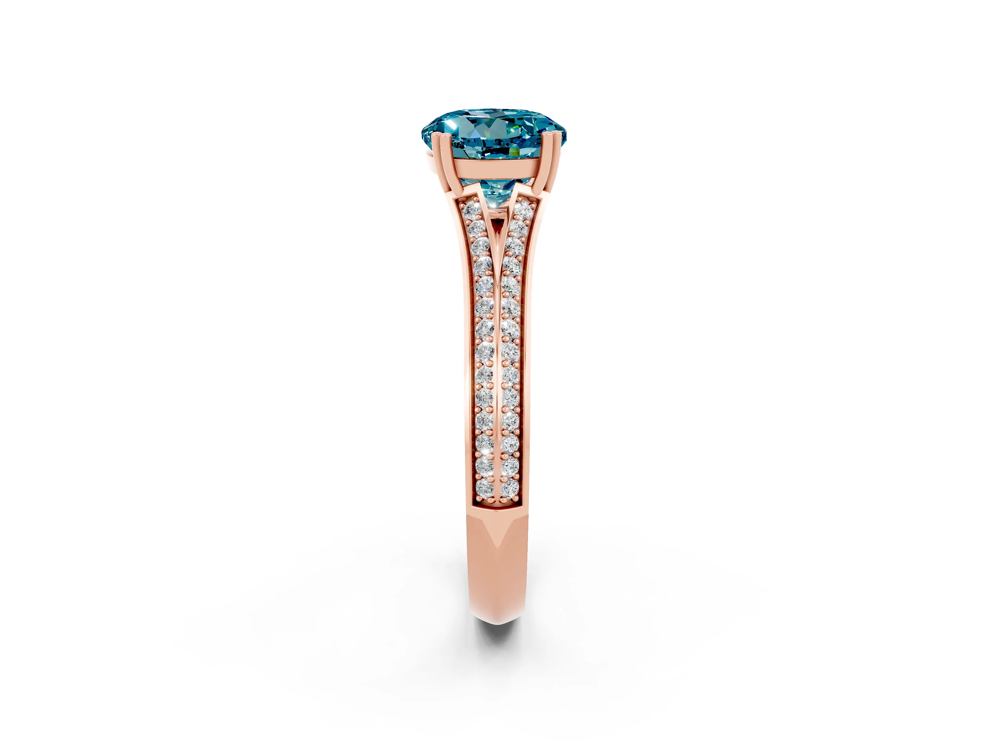 Rose gold Round Cut Blue Topaz Split Shank Engagement Ring with Pavé Band_2